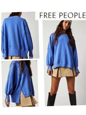 Free People We The Free Camden Pullover Sweatshirt Blue Iris Large Boho